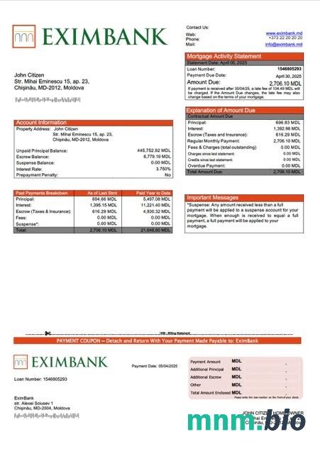 Mołdawia EximBank wyciąg z kredytu hipotecznego szablon Word i PDF